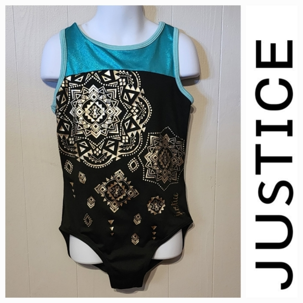 Justice Swimsuit One Piece Black Blue‎ Gold Swim Beach Size 10 A282